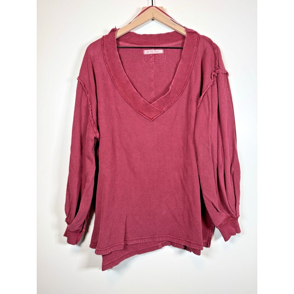 We The Free People Top Women's XS Red Thermal Waffle Knit Long Sleeve V Neck Top